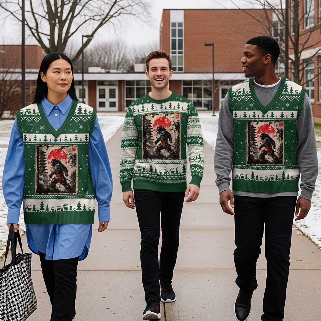 Samurai Bigfoot V-Neck Knit Sweater Vest Japanese Vintage Sasquatch Graphic Ukiyo-e Art Funny - Wonder Print Shop