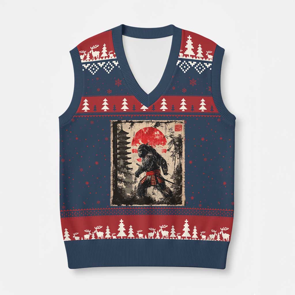 Samurai Bigfoot V-Neck Knit Sweater Vest Japanese Vintage Sasquatch Graphic Ukiyo-e Art Funny - Wonder Print Shop