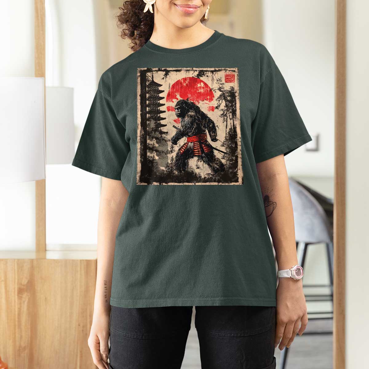 Samurai Bigfoot T Shirt For Women Japanese Vintage Sasquatch Graphic Ukiyo-e Art Funny - Wonder Print Shop