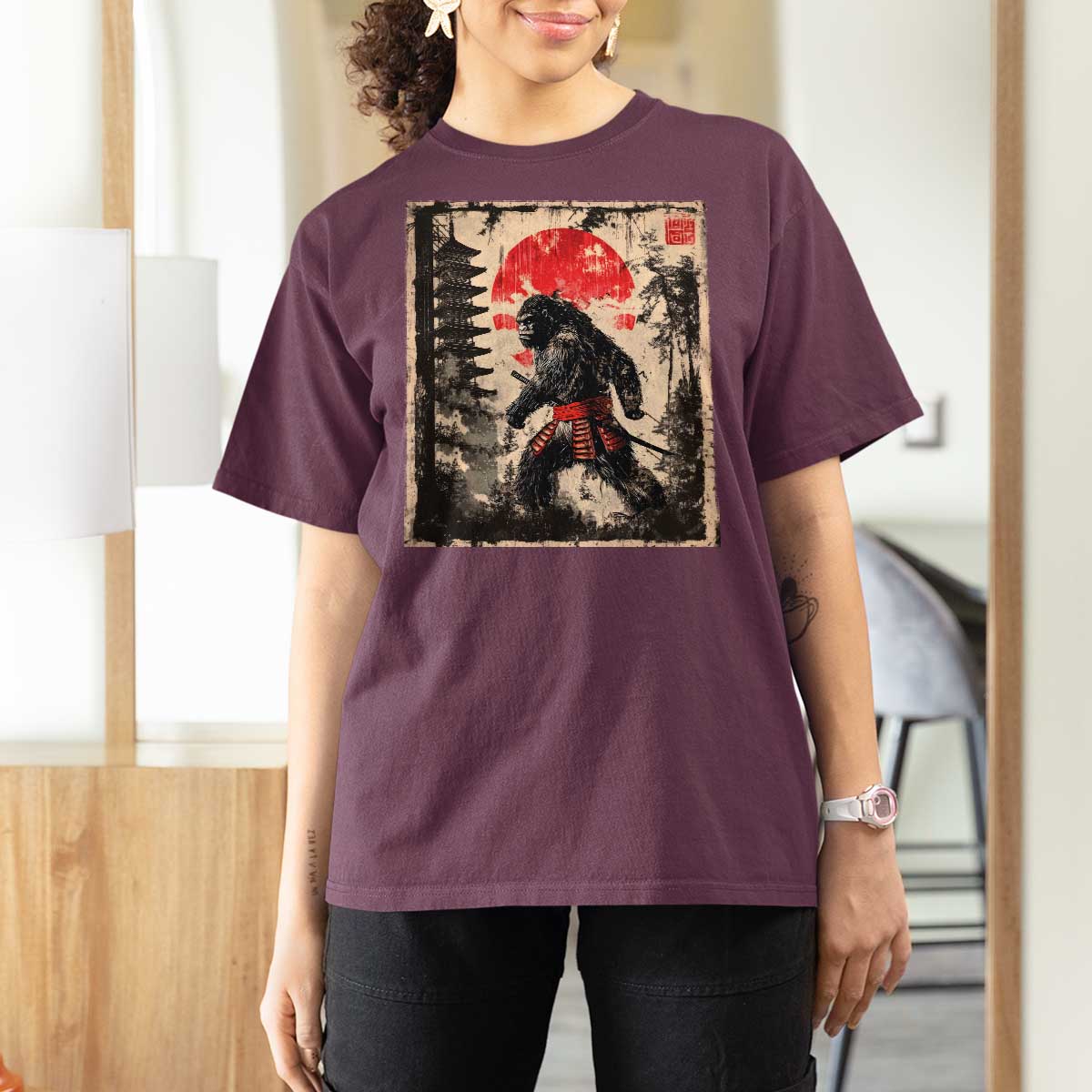 Samurai Bigfoot T Shirt For Women Japanese Vintage Sasquatch Graphic Ukiyo-e Art Funny - Wonder Print Shop