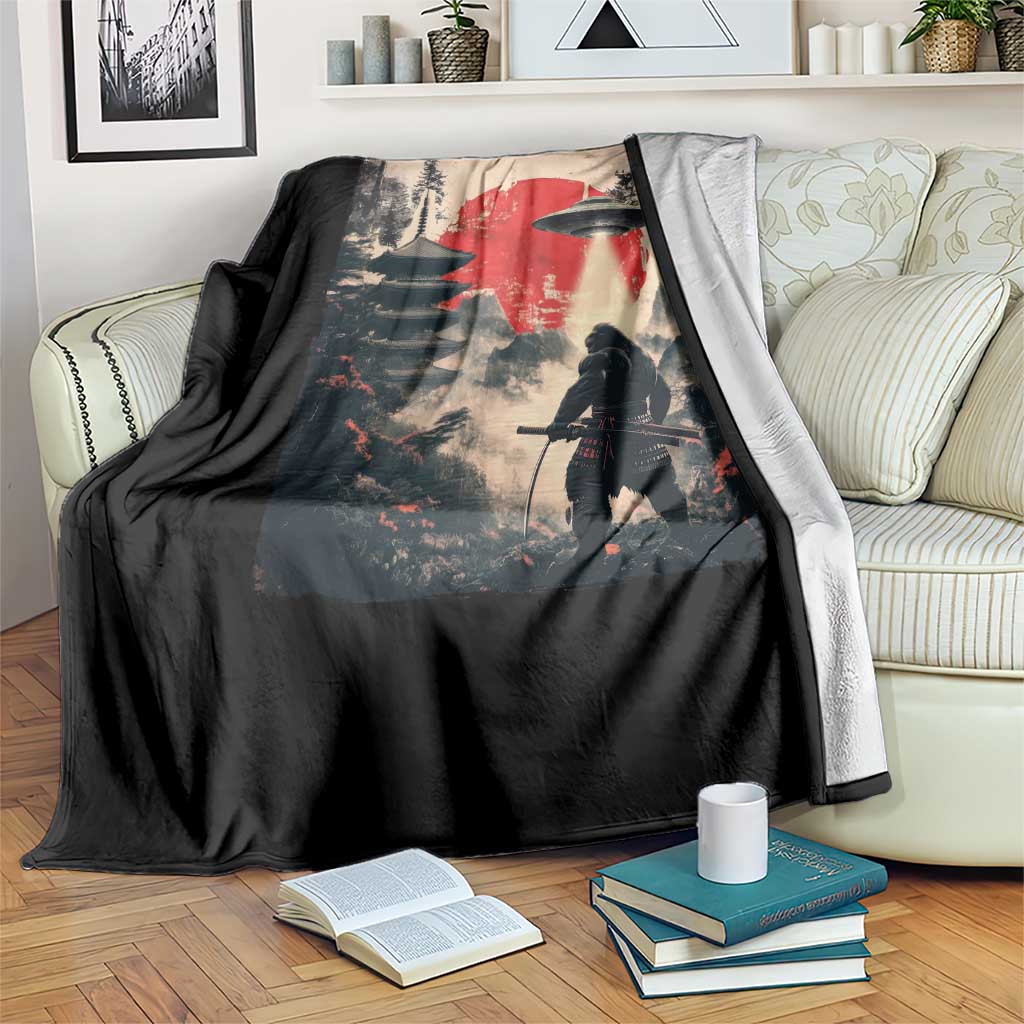 Samurai Bigfoot Throw Blanket Funny Japanese Retro Vintage Sasquatch Graphic Ukiyo-e Art - Wonder Print Shop