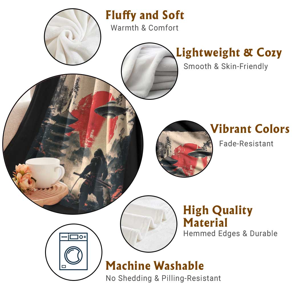 Samurai Bigfoot Throw Blanket Funny Japanese Retro Vintage Sasquatch Graphic Ukiyo-e Art - Wonder Print Shop