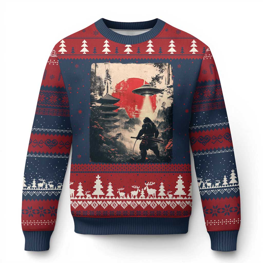 Samurai Bigfoot Ugly Christmas Sweater Funny Japanese Retro Vintage Sasquatch Graphic Ukiyo-e Art - Wonder Print Shop