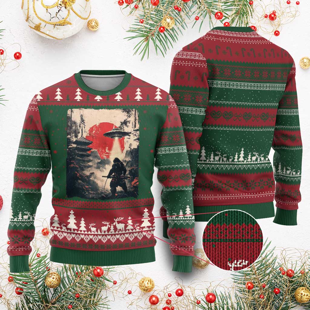 Samurai Bigfoot Ugly Christmas Sweater Funny Japanese Retro Vintage Sasquatch Graphic Ukiyo-e Art - Wonder Print Shop