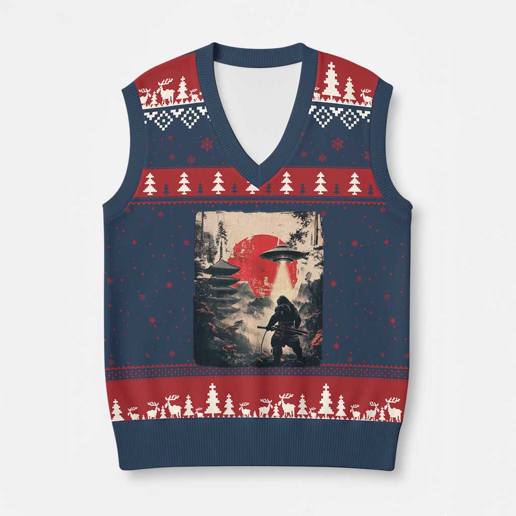 Samurai Bigfoot V-Neck Knit Sweater Vest Funny Japanese Retro Vintage Sasquatch Graphic Ukiyo-e Art - Wonder Print Shop