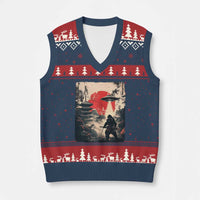 Samurai Bigfoot V-Neck Knit Sweater Vest Funny Japanese Retro Vintage Sasquatch Graphic Ukiyo-e Art - Wonder Print Shop