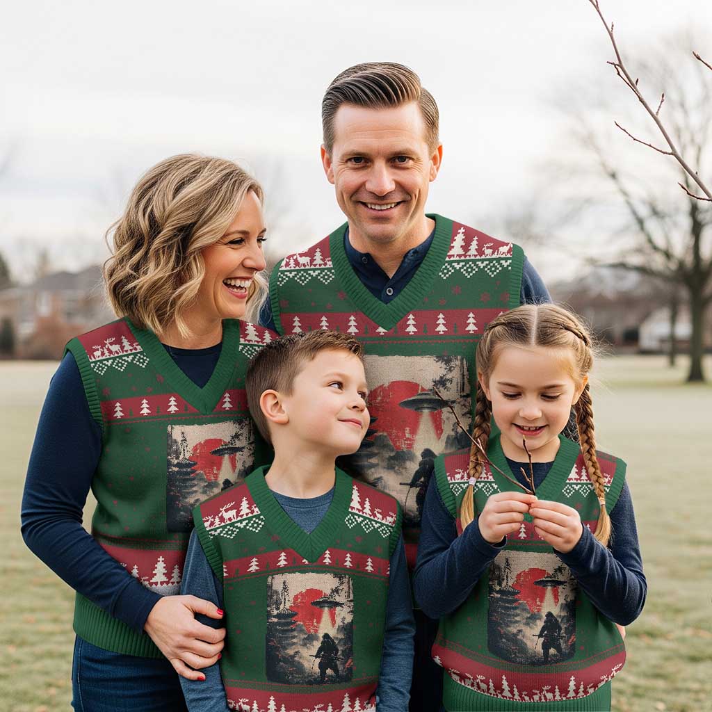 Samurai Bigfoot V-Neck Knit Sweater Vest Funny Japanese Retro Vintage Sasquatch Graphic Ukiyo-e Art - Wonder Print Shop