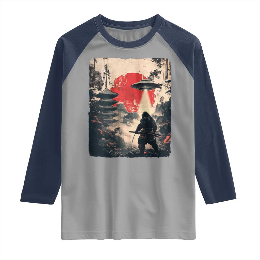 Samurai Bigfoot Raglan Shirt Funny Japanese Retro Vintage Sasquatch Graphic Ukiyo-e Art - Wonder Print Shop