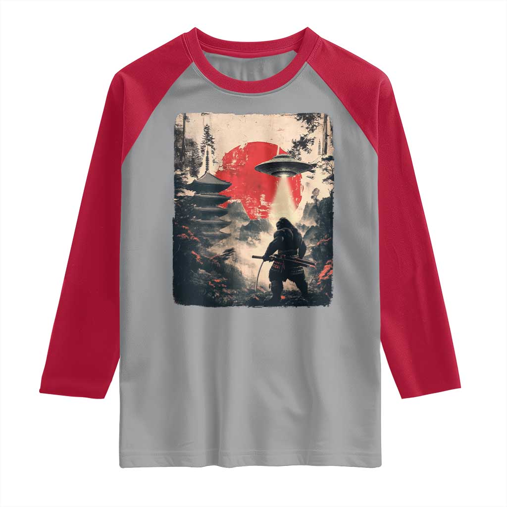 Samurai Bigfoot Raglan Shirt Funny Japanese Retro Vintage Sasquatch Graphic Ukiyo-e Art - Wonder Print Shop