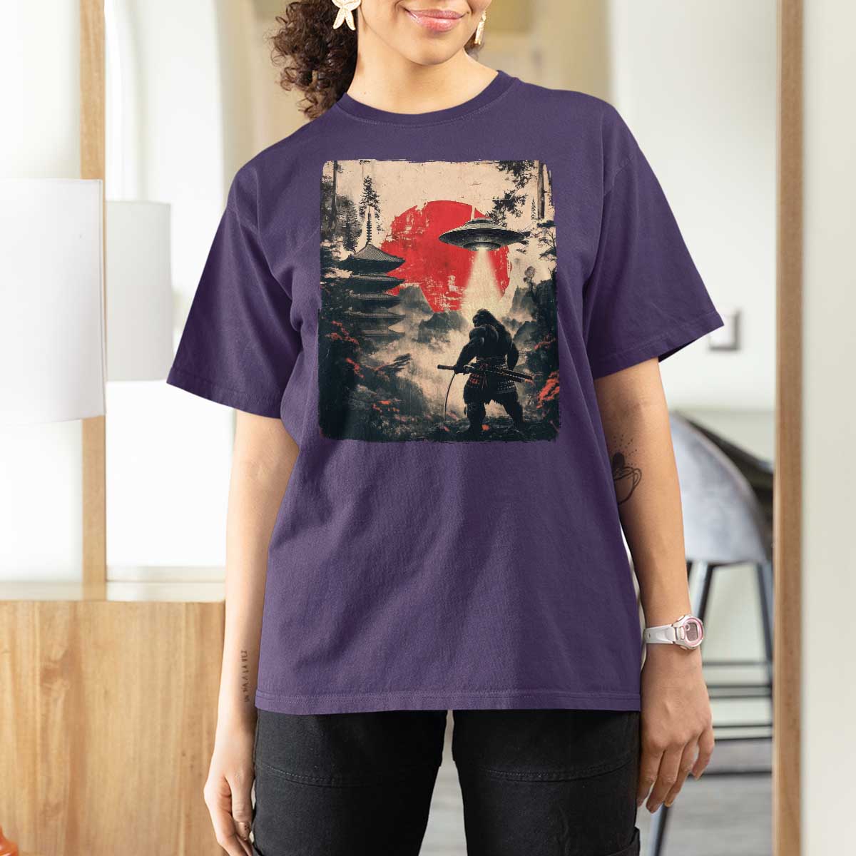 Samurai Bigfoot T Shirt For Women Funny Japanese Retro Vintage Sasquatch Graphic Ukiyo-e Art - Wonder Print Shop