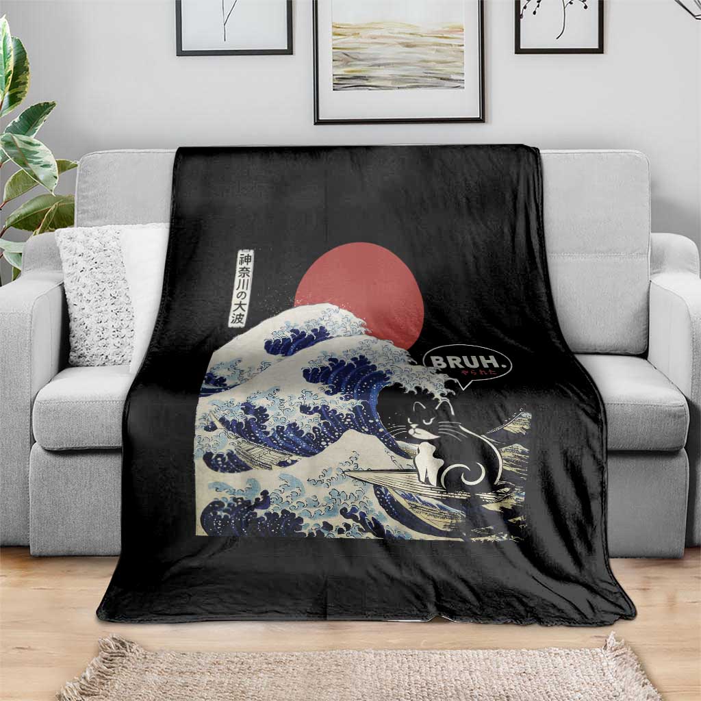Japanese Kawaii Anime Cat Throw Blanket Funny Surfing Cat Bruh Retro The Great Wave Kanagawa - Wonder Print Shop