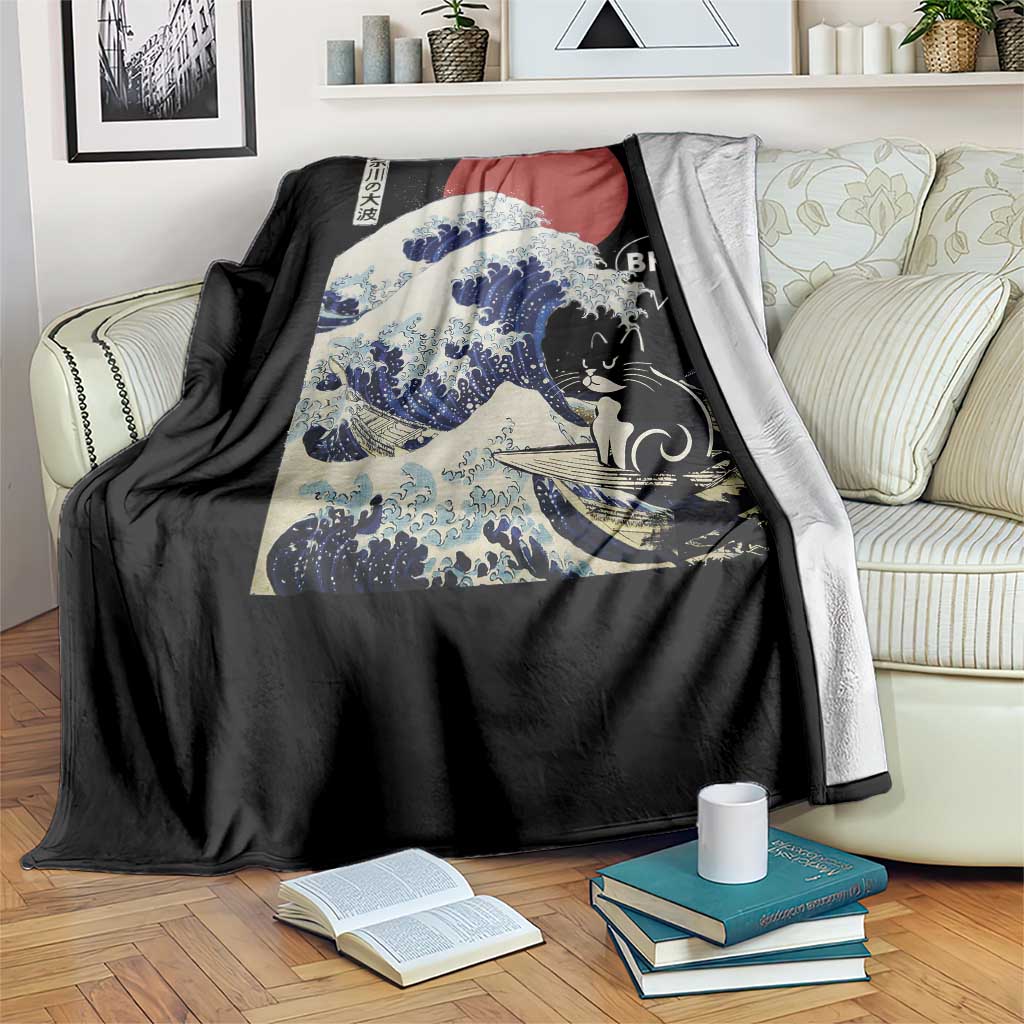 Japanese Kawaii Anime Cat Throw Blanket Funny Surfing Cat Bruh Retro The Great Wave Kanagawa - Wonder Print Shop