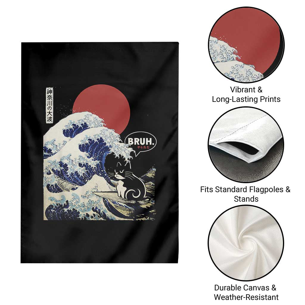 Japanese Kawaii Anime Cat Garden Flag Funny Surfing Cat Bruh Retro The Great Wave Kanagawa - Wonder Print Shop