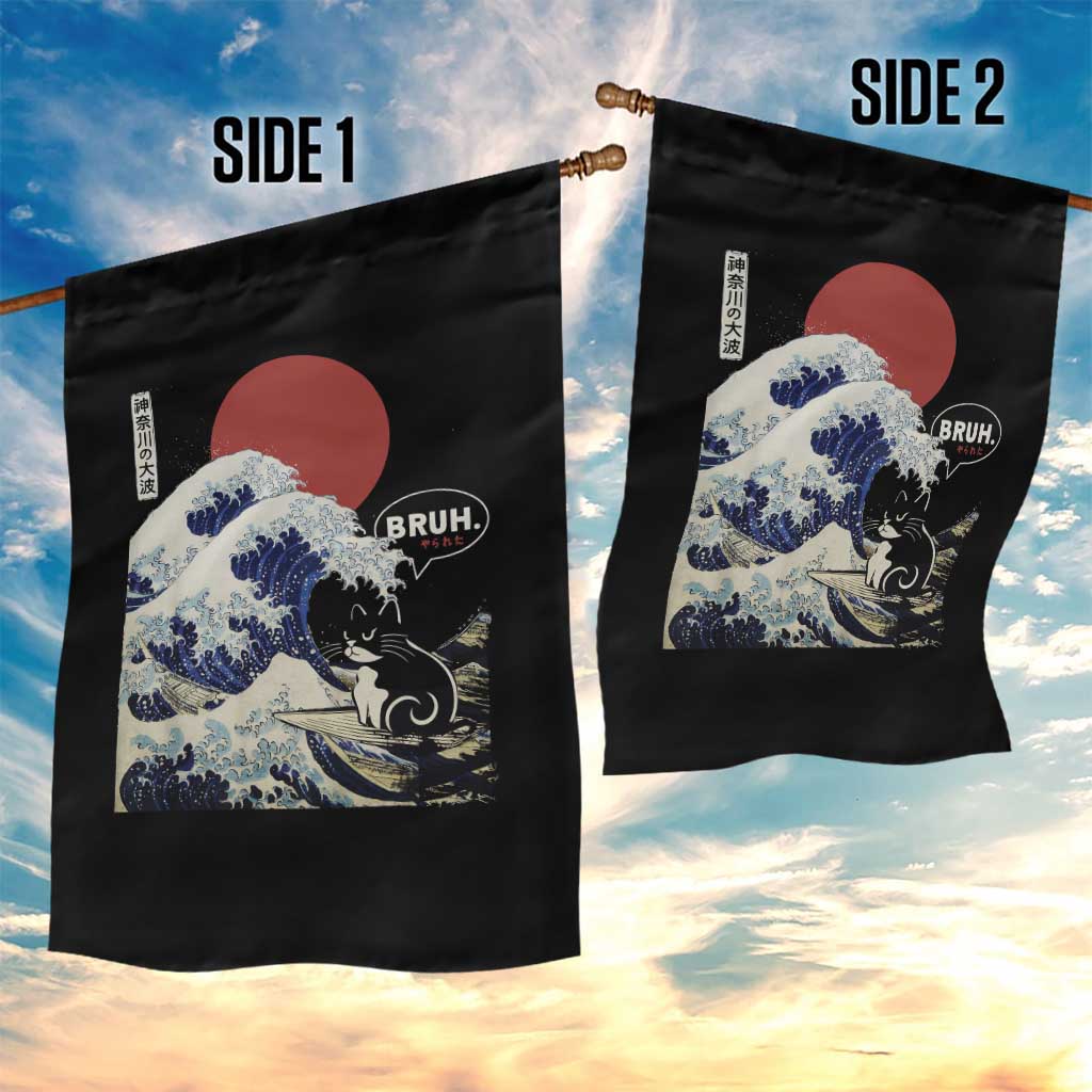 Japanese Kawaii Anime Cat Garden Flag Funny Surfing Cat Bruh Retro The Great Wave Kanagawa - Wonder Print Shop