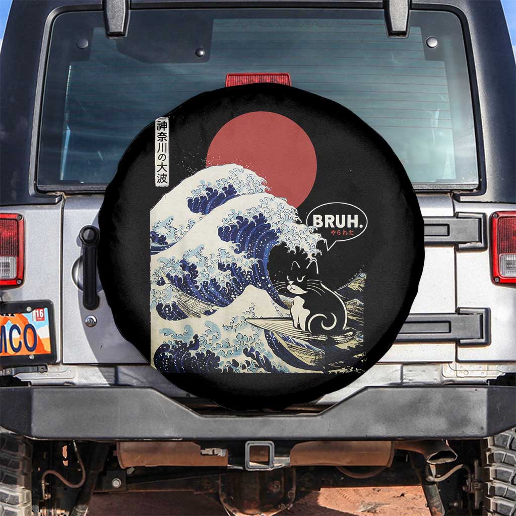 Japanese Kawaii Anime Cat Spare Tire Cover Funny Surfing Cat Bruh Retro The Great Wave Kanagawa - Wonder Print Shop