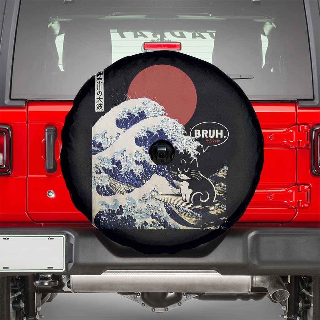 Japanese Kawaii Anime Cat Spare Tire Cover Funny Surfing Cat Bruh Retro The Great Wave Kanagawa - Wonder Print Shop