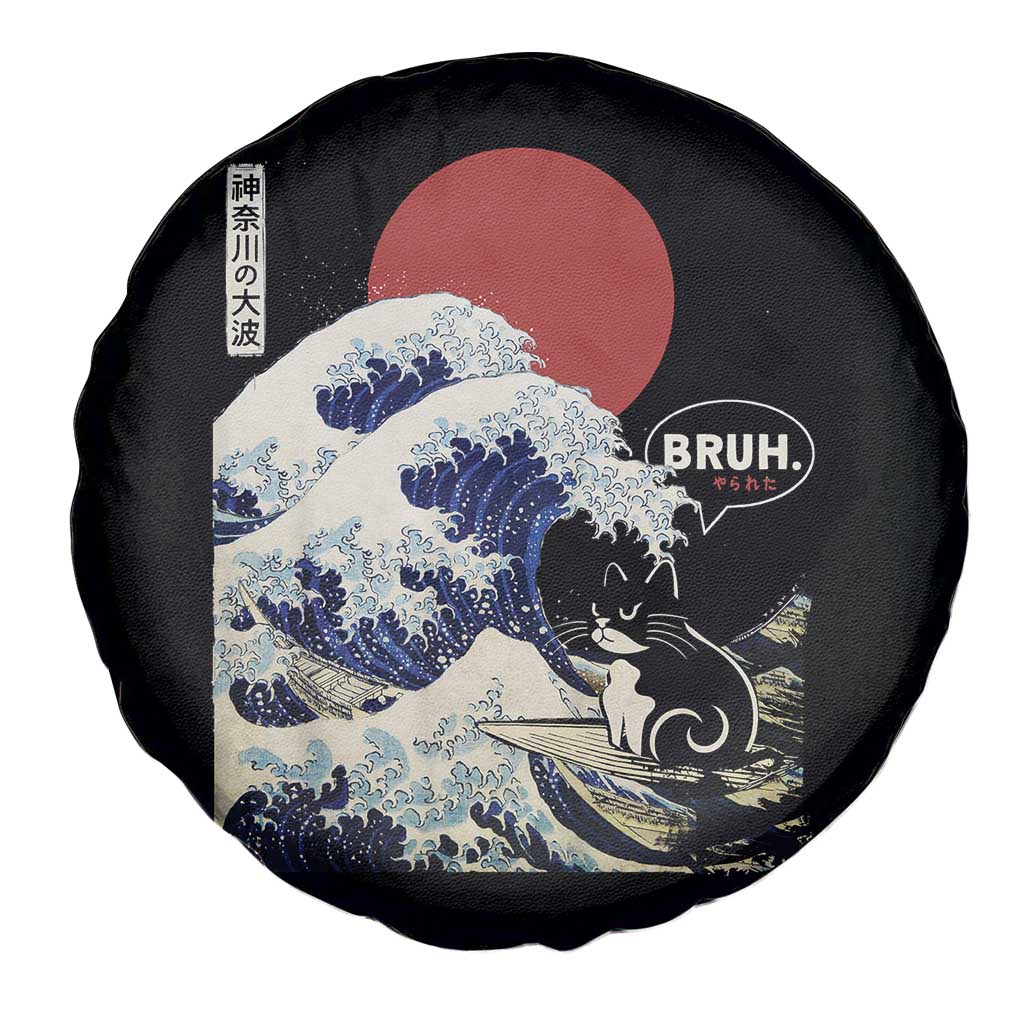 Japanese Kawaii Anime Cat Spare Tire Cover Funny Surfing Cat Bruh Retro The Great Wave Kanagawa - Wonder Print Shop