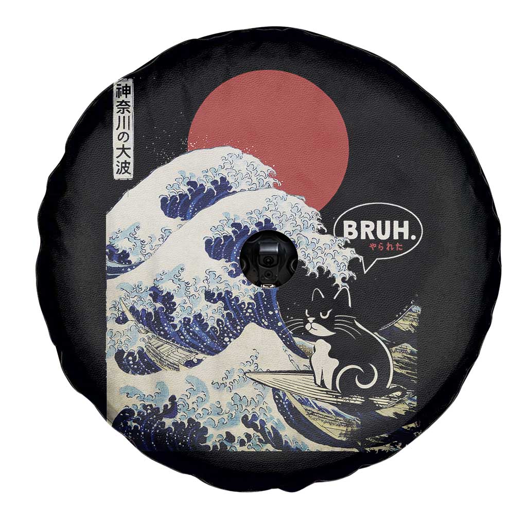Japanese Kawaii Anime Cat Spare Tire Cover Funny Surfing Cat Bruh Retro The Great Wave Kanagawa - Wonder Print Shop