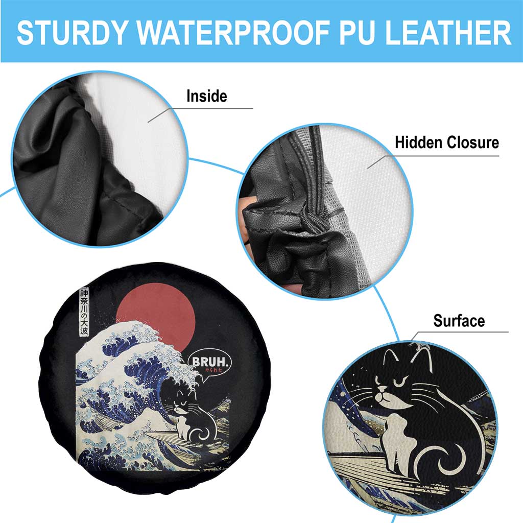 Japanese Kawaii Anime Cat Spare Tire Cover Funny Surfing Cat Bruh Retro The Great Wave Kanagawa - Wonder Print Shop