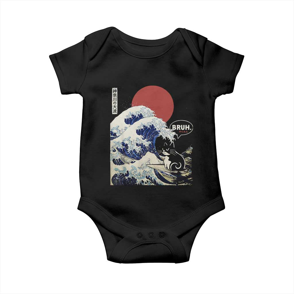Japanese Kawaii Anime Cat Baby Onesie Funny Surfing Cat Bruh Retro The Great Wave Kanagawa - Wonder Print Shop