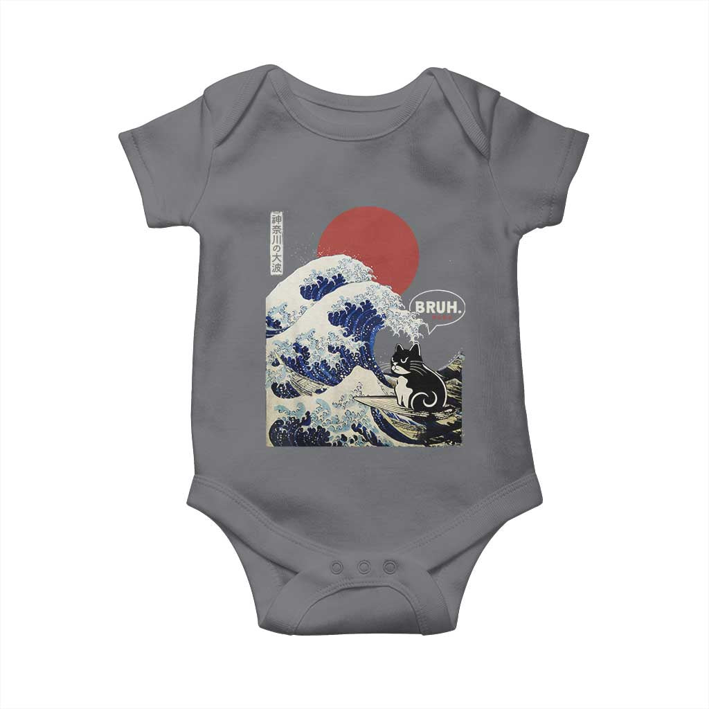 Japanese Kawaii Anime Cat Baby Onesie Funny Surfing Cat Bruh Retro The Great Wave Kanagawa - Wonder Print Shop