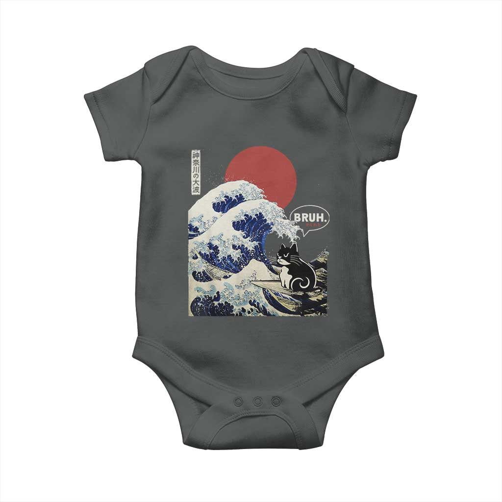 Japanese Kawaii Anime Cat Baby Onesie Funny Surfing Cat Bruh Retro The Great Wave Kanagawa - Wonder Print Shop