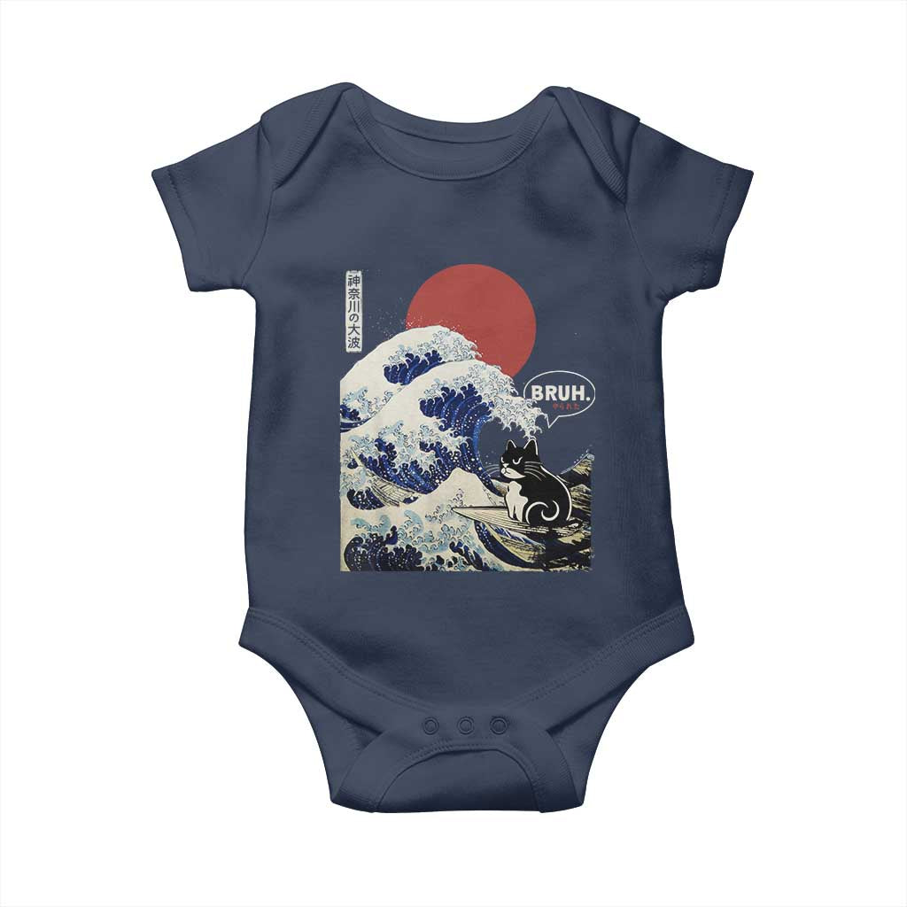 Japanese Kawaii Anime Cat Baby Onesie Funny Surfing Cat Bruh Retro The Great Wave Kanagawa - Wonder Print Shop