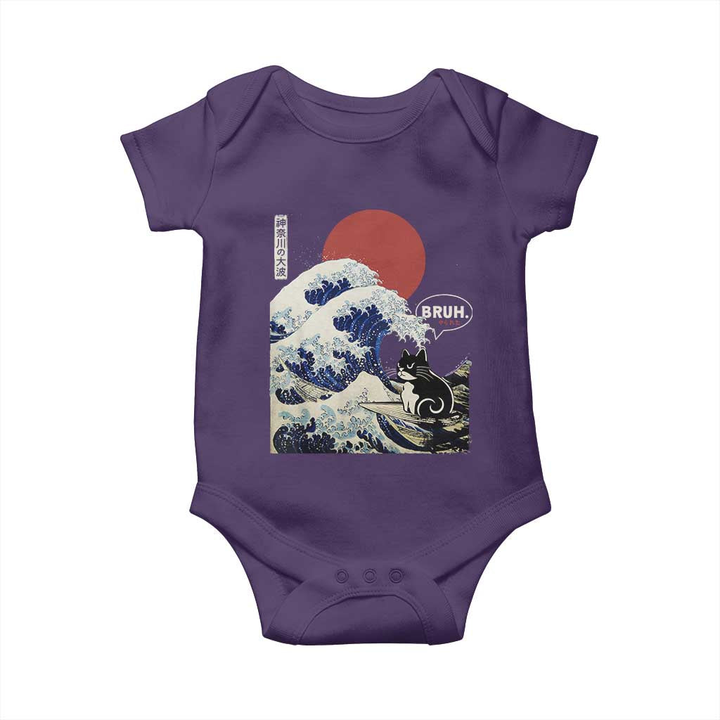 Japanese Kawaii Anime Cat Baby Onesie Funny Surfing Cat Bruh Retro The Great Wave Kanagawa - Wonder Print Shop
