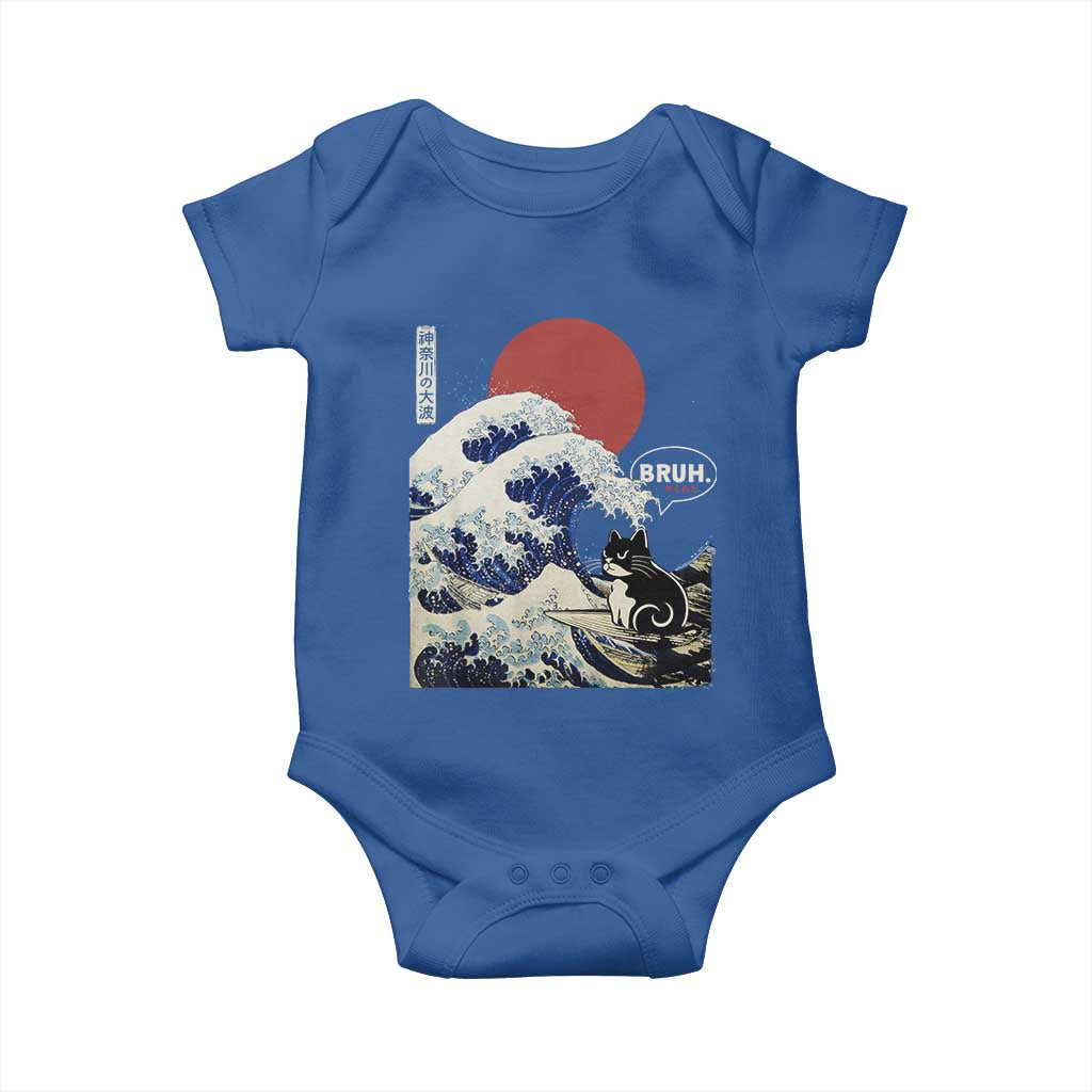 Japanese Kawaii Anime Cat Baby Onesie Funny Surfing Cat Bruh Retro The Great Wave Kanagawa - Wonder Print Shop