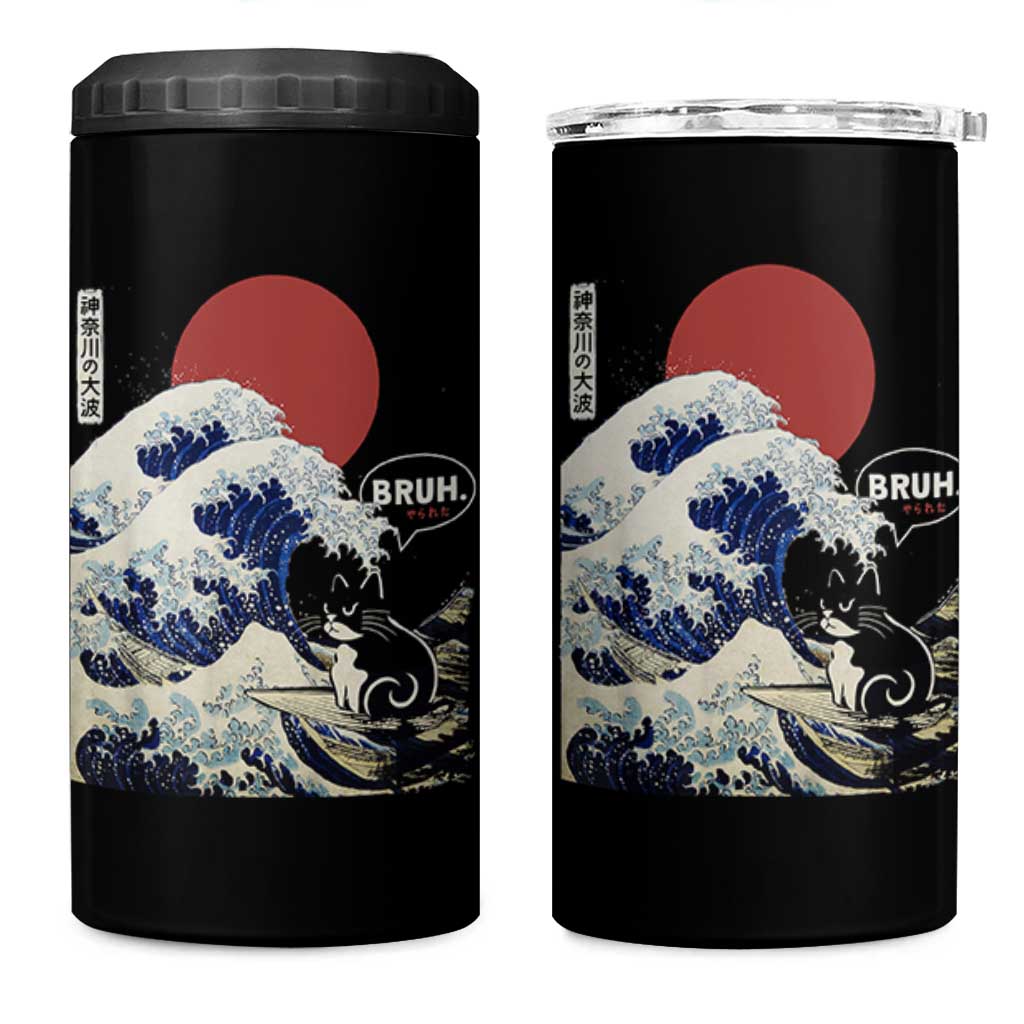 Japanese Kawaii Anime Cat 4 in 1 Can Cooler Tumbler Funny Surfing Cat Bruh Retro The Great Wave Kanagawa - Wonder Print Shop