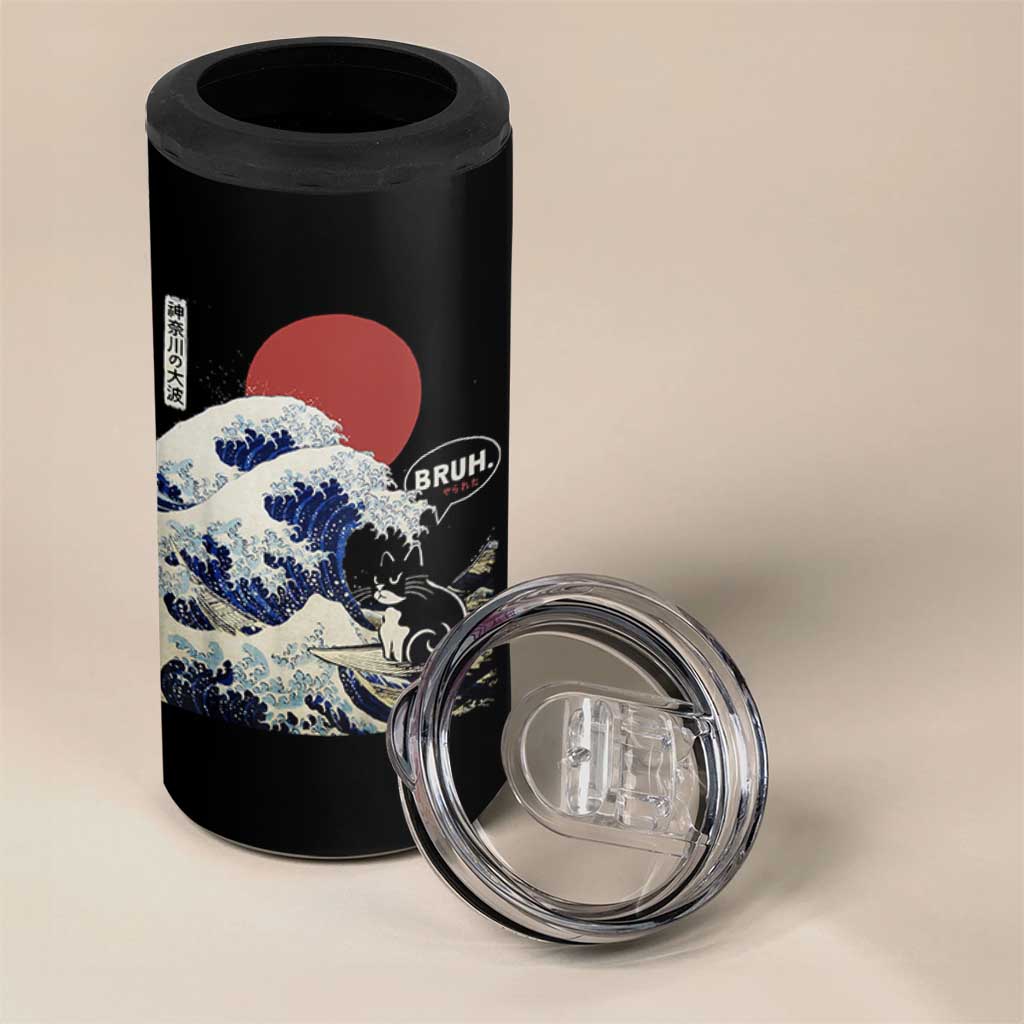 Japanese Kawaii Anime Cat 4 in 1 Can Cooler Tumbler Funny Surfing Cat Bruh Retro The Great Wave Kanagawa - Wonder Print Shop