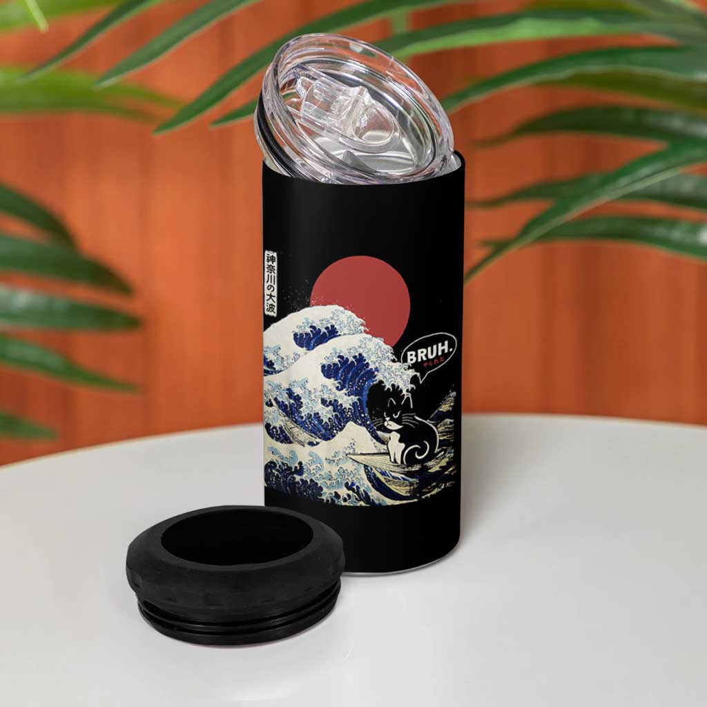 Japanese Kawaii Anime Cat 4 in 1 Can Cooler Tumbler Funny Surfing Cat Bruh Retro The Great Wave Kanagawa - Wonder Print Shop