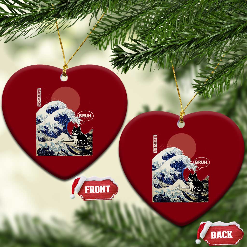 Japanese Kawaii Anime Cat Ceramic Ornament Funny Surfing Cat Bruh Retro The Great Wave Kanagawa - Wonder Print Shop