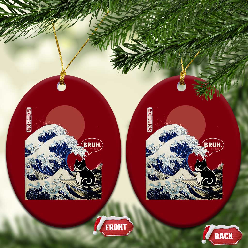 Japanese Kawaii Anime Cat Ceramic Ornament Funny Surfing Cat Bruh Retro The Great Wave Kanagawa - Wonder Print Shop