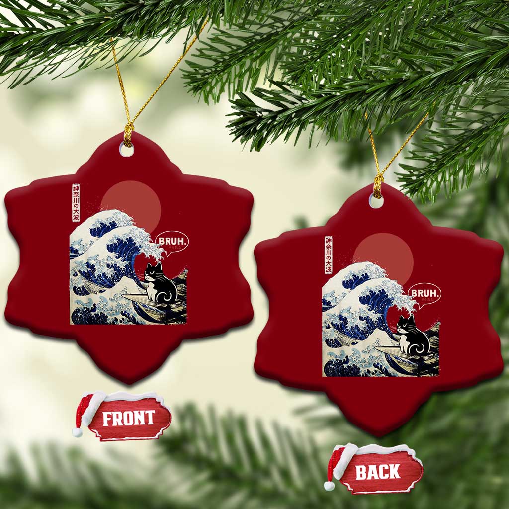 Japanese Kawaii Anime Cat Ceramic Ornament Funny Surfing Cat Bruh Retro The Great Wave Kanagawa - Wonder Print Shop