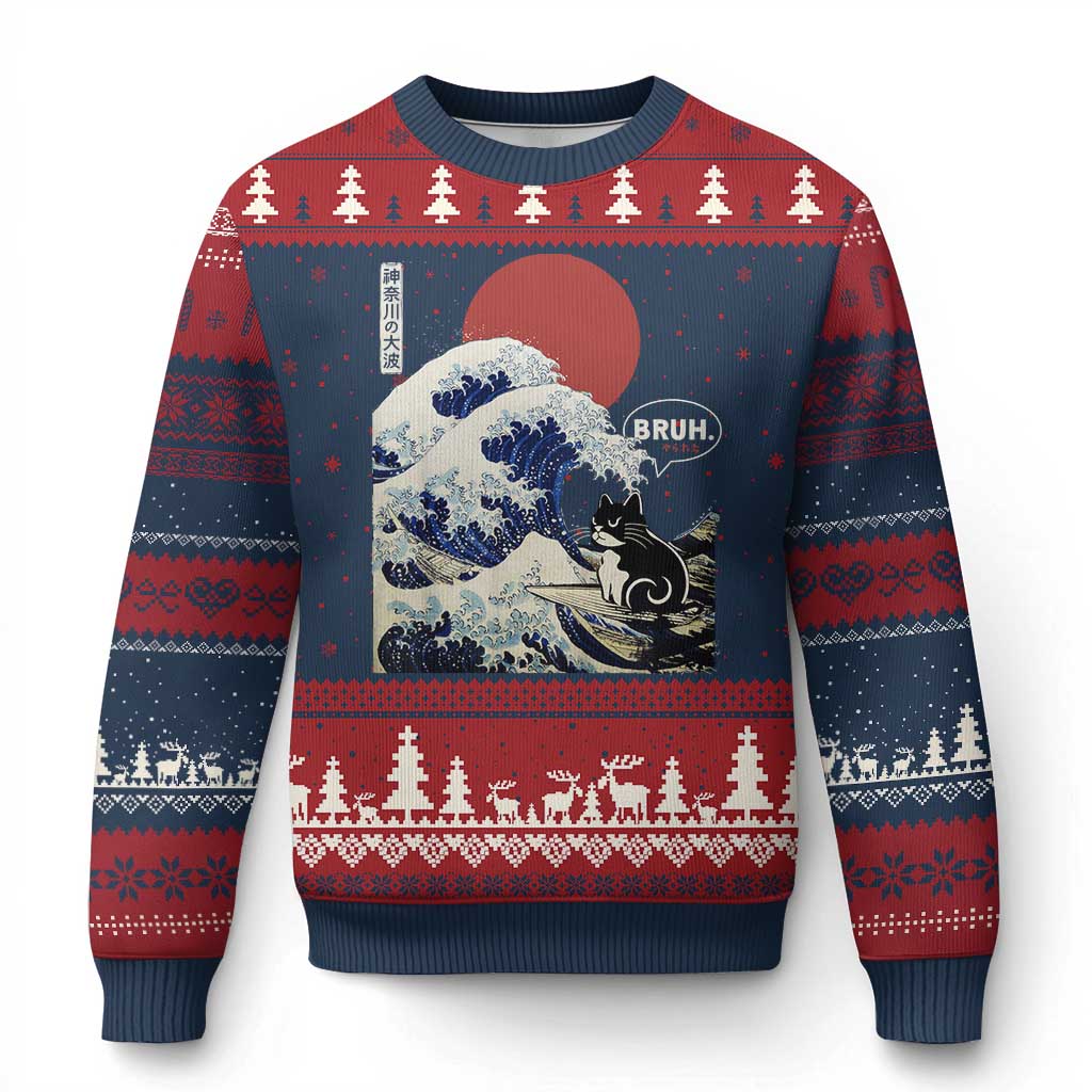 Japanese Kawaii Anime Cat Ugly Christmas Sweater Funny Surfing Cat Bruh Retro The Great Wave Kanagawa - Wonder Print Shop