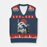 Japanese Kawaii Anime Cat V-Neck Knit Sweater Vest Funny Surfing Cat Bruh Retro The Great Wave Kanagawa - Wonder Print Shop