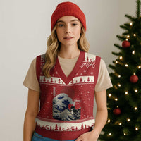 Japanese Kawaii Anime Cat V-Neck Knit Sweater Vest Funny Surfing Cat Bruh Retro The Great Wave Kanagawa - Wonder Print Shop