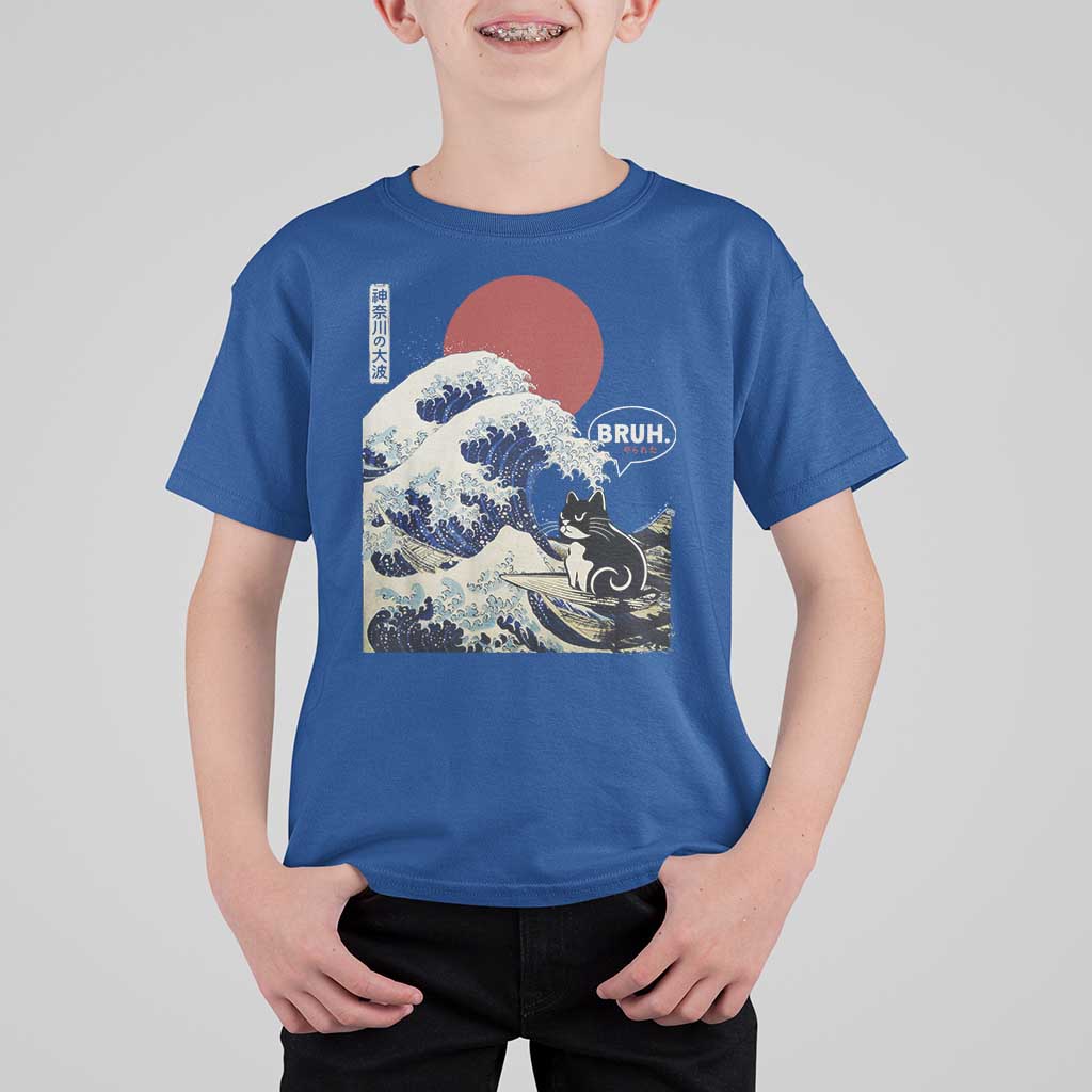 Japanese Kawaii Anime Cat T Shirt For Kid Funny Surfing Cat Bruh Retro The Great Wave Kanagawa - Wonder Print Shop