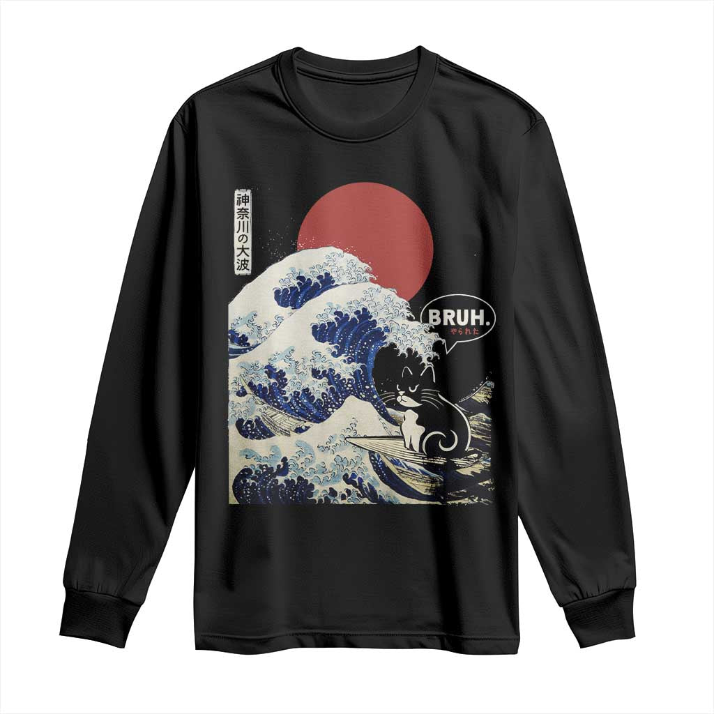 Japanese Kawaii Anime Cat Long Sleeve Shirt Funny Surfing Cat Bruh Retro The Great Wave Kanagawa - Wonder Print Shop