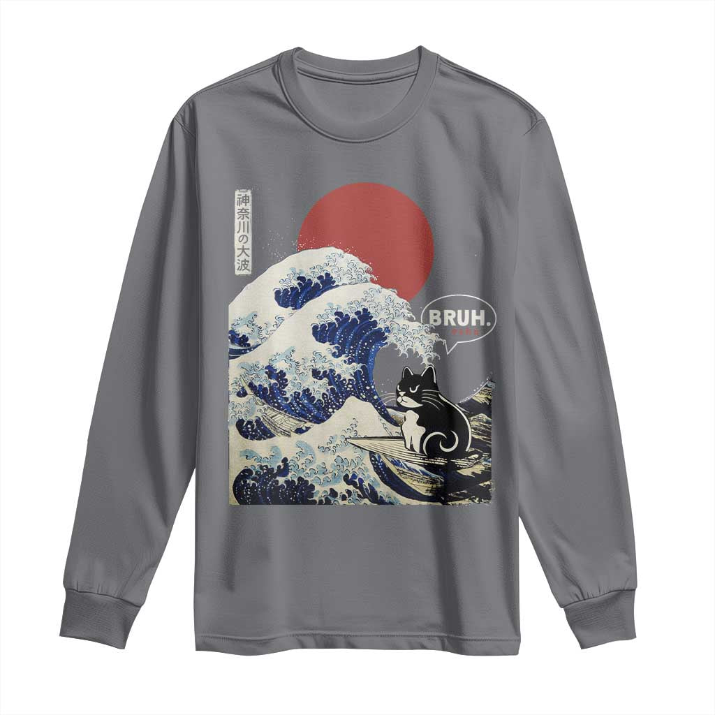 Japanese Kawaii Anime Cat Long Sleeve Shirt Funny Surfing Cat Bruh Retro The Great Wave Kanagawa - Wonder Print Shop