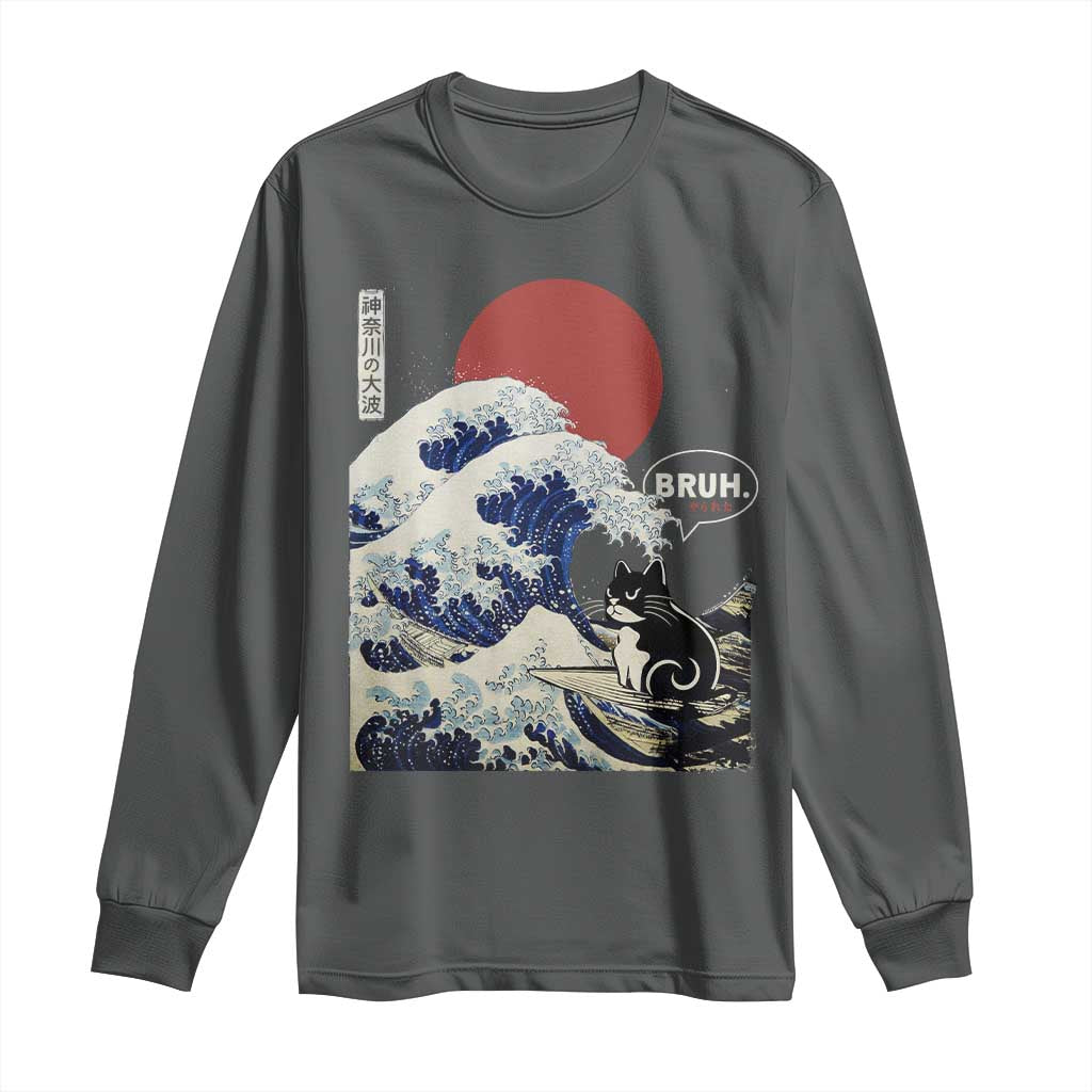 Japanese Kawaii Anime Cat Long Sleeve Shirt Funny Surfing Cat Bruh Retro The Great Wave Kanagawa - Wonder Print Shop