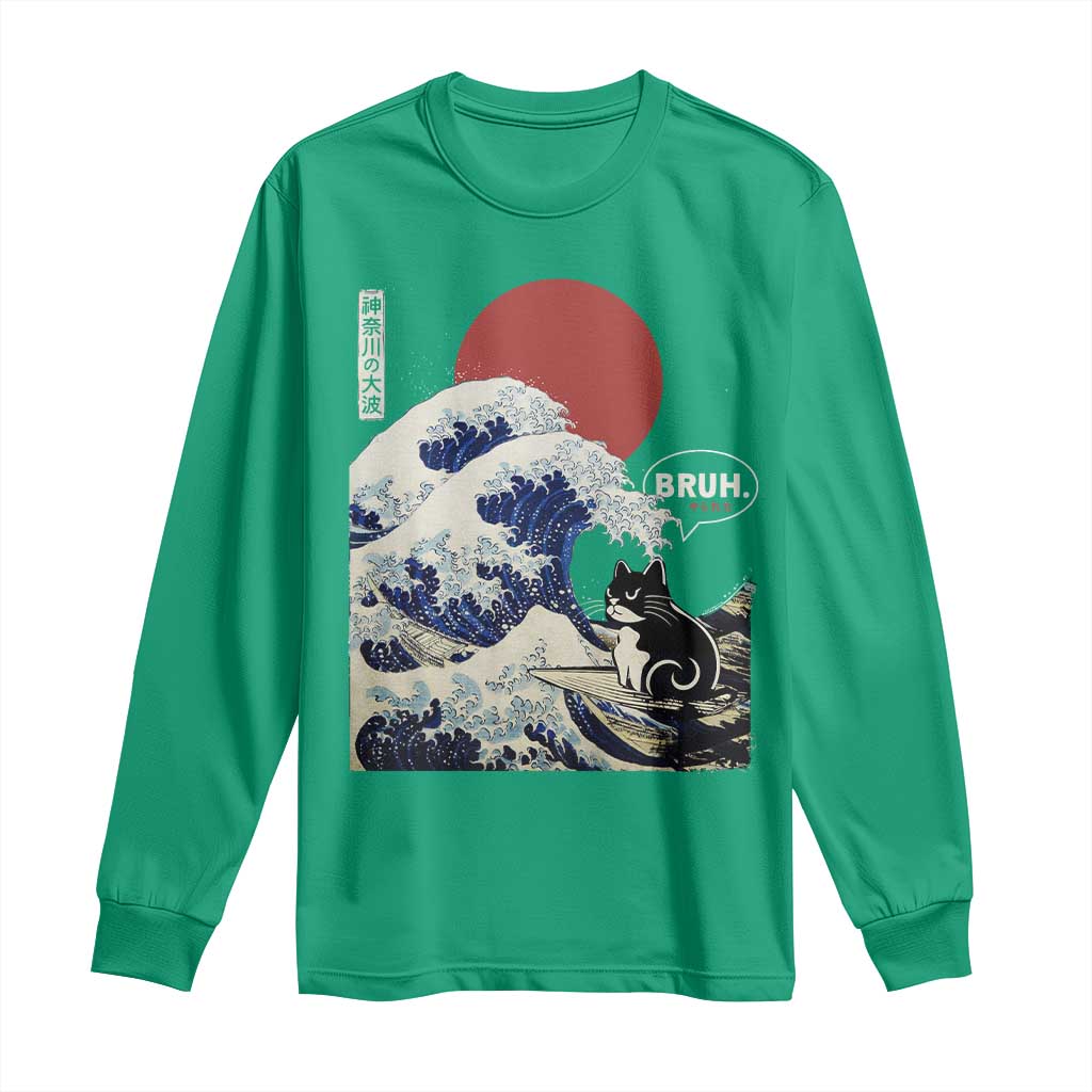 Japanese Kawaii Anime Cat Long Sleeve Shirt Funny Surfing Cat Bruh Retro The Great Wave Kanagawa - Wonder Print Shop