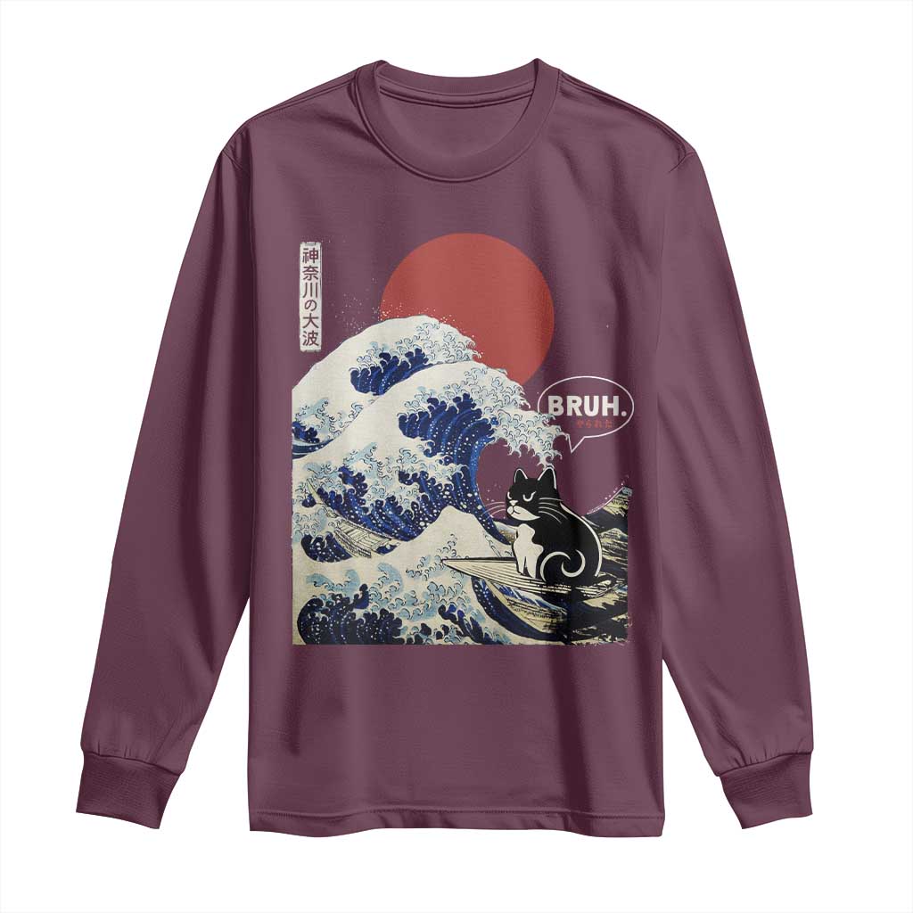 Japanese Kawaii Anime Cat Long Sleeve Shirt Funny Surfing Cat Bruh Retro The Great Wave Kanagawa - Wonder Print Shop