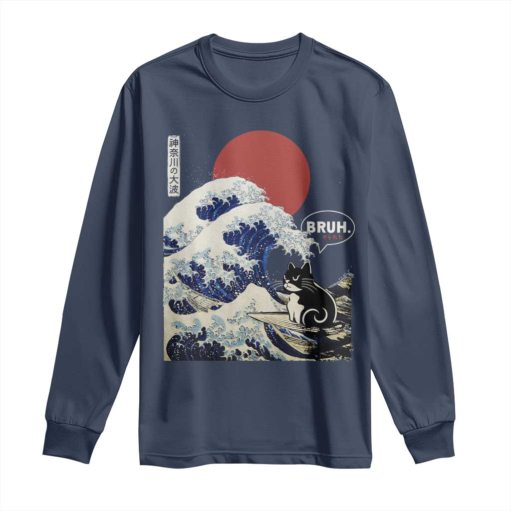 Japanese Kawaii Anime Cat Long Sleeve Shirt Funny Surfing Cat Bruh Retro The Great Wave Kanagawa - Wonder Print Shop