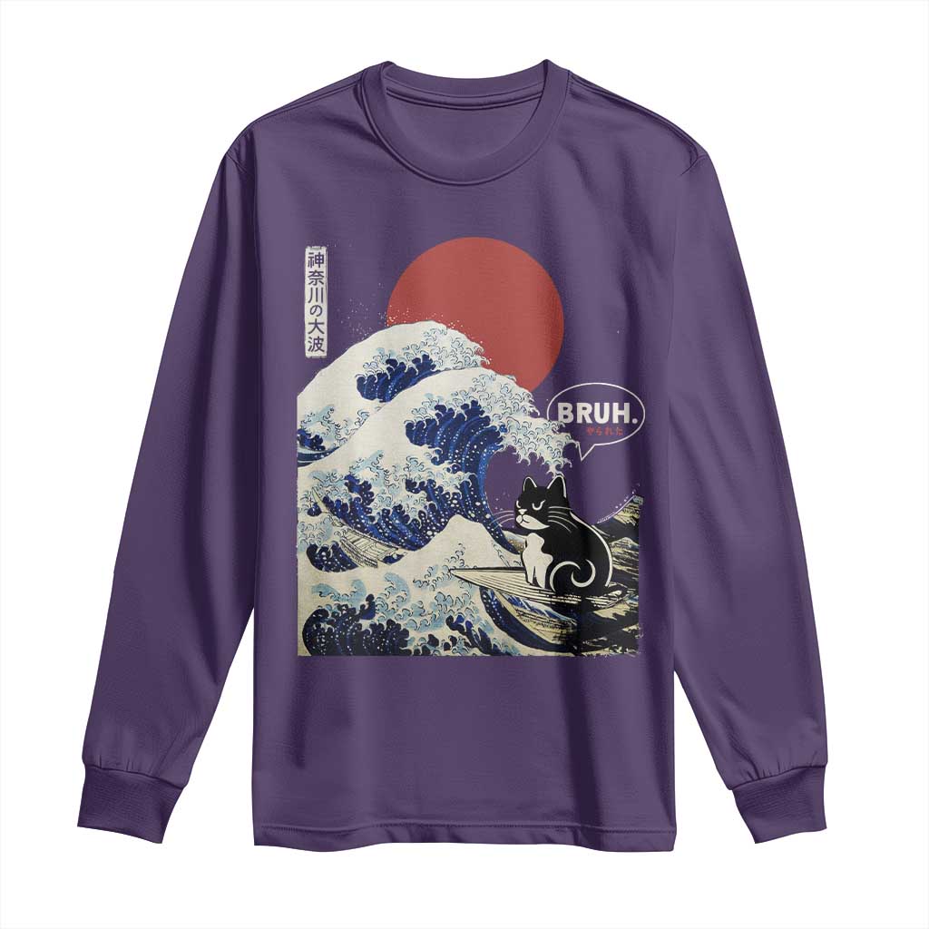 Japanese Kawaii Anime Cat Long Sleeve Shirt Funny Surfing Cat Bruh Retro The Great Wave Kanagawa - Wonder Print Shop