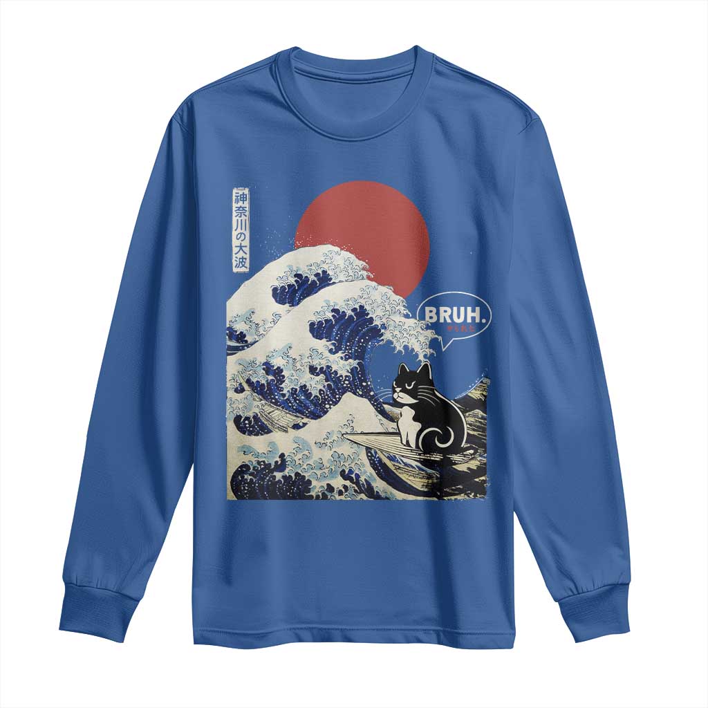 Japanese Kawaii Anime Cat Long Sleeve Shirt Funny Surfing Cat Bruh Retro The Great Wave Kanagawa - Wonder Print Shop