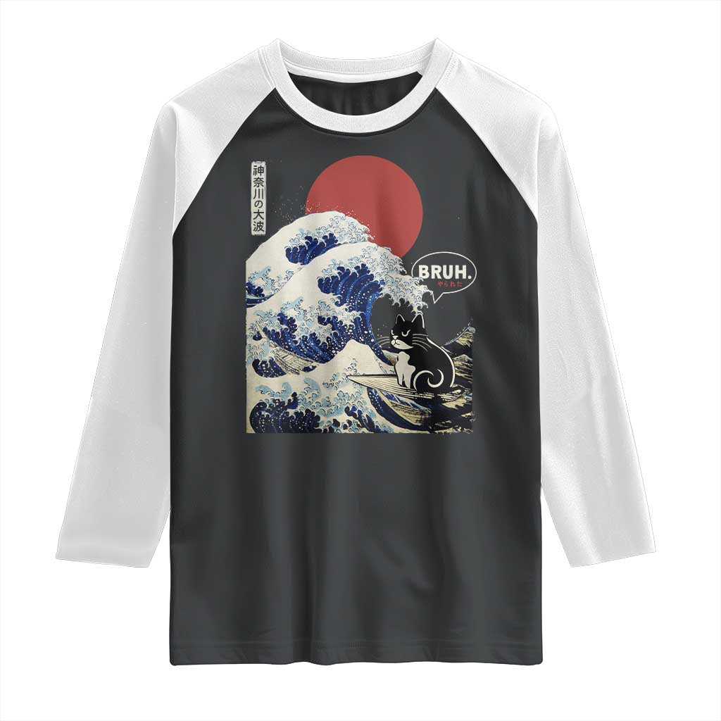 Japanese Kawaii Anime Cat Raglan Shirt Funny Surfing Cat Bruh Retro The Great Wave Kanagawa - Wonder Print Shop