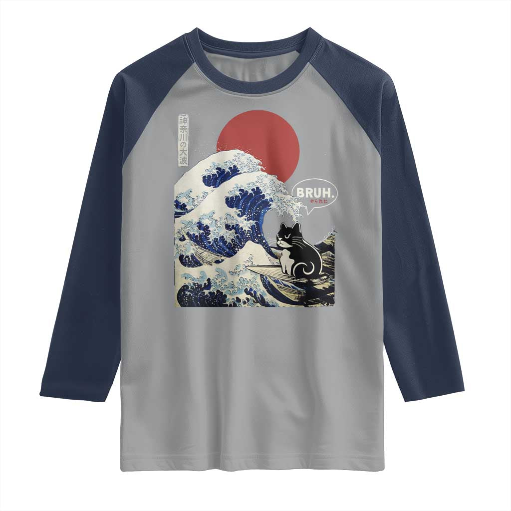 Japanese Kawaii Anime Cat Raglan Shirt Funny Surfing Cat Bruh Retro The Great Wave Kanagawa - Wonder Print Shop