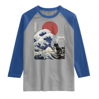 Japanese Kawaii Anime Cat Raglan Shirt Funny Surfing Cat Bruh Retro The Great Wave Kanagawa - Wonder Print Shop